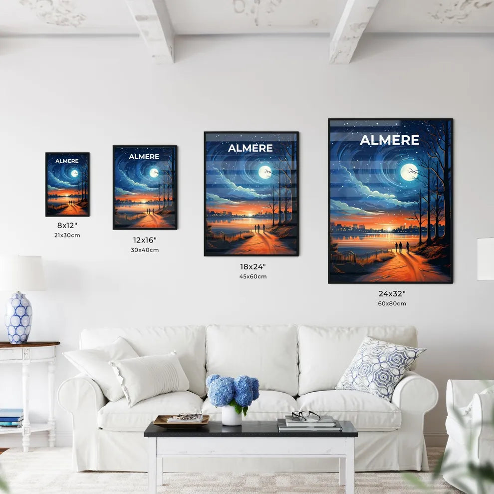 Almere, Netherlands, A Poster of a couple walking on a path by a lake at night Default Title