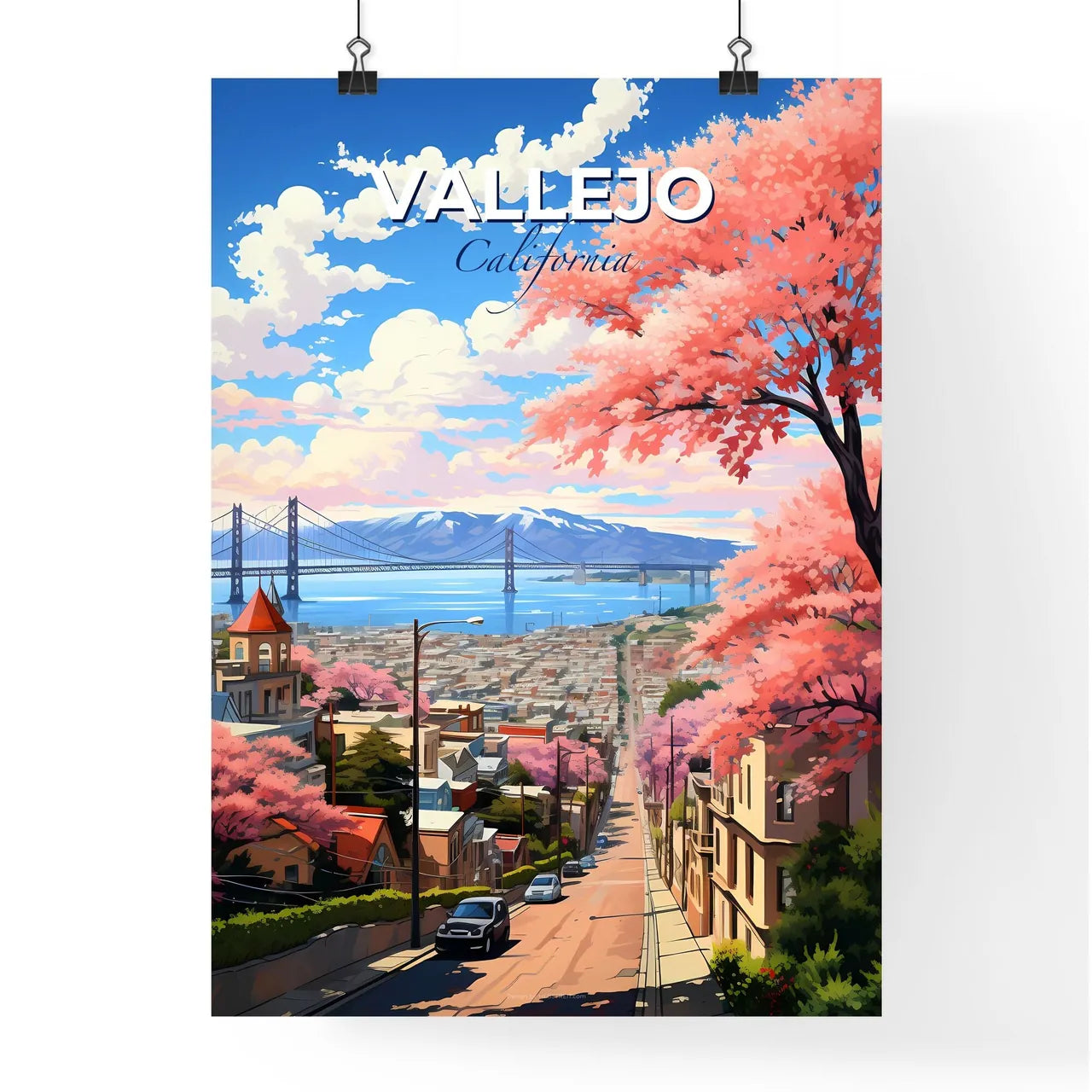 Vallejo, California, A Poster of a city street with pink trees and a bridge in the background Default Title