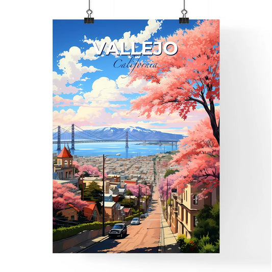 Vallejo, California, A Poster of a city street with pink trees and a bridge in the background Default Title