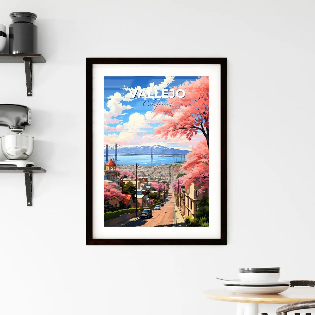Vallejo, California, A Poster of a city street with pink trees and a bridge in the background Default Title