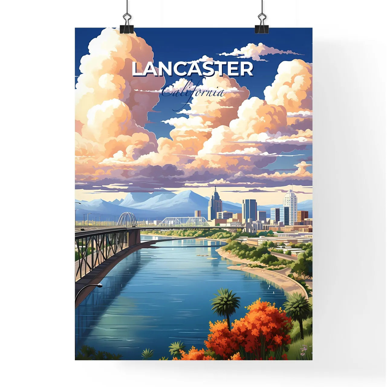 Lancaster, California, A Poster of a bridge over a river with a city in the background Default Title