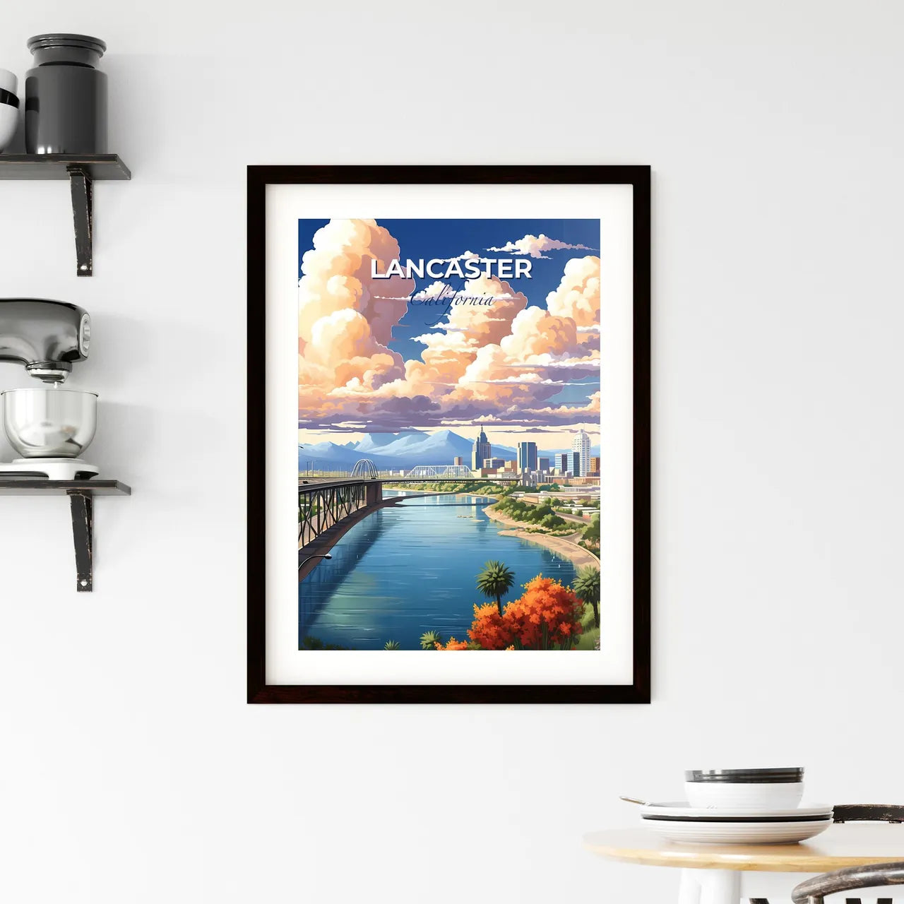 Lancaster, California, A Poster of a bridge over a river with a city in the background Default Title