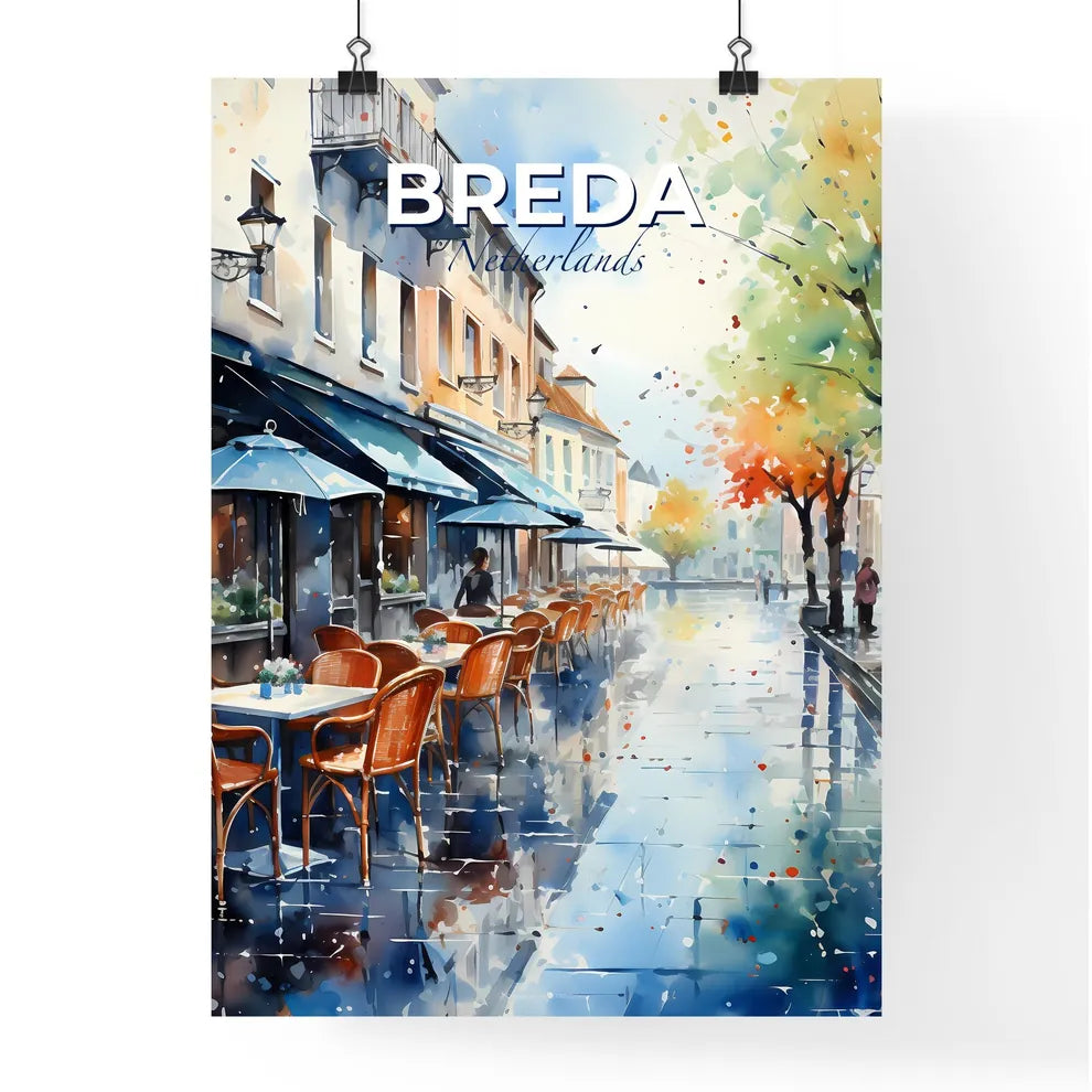 Breda, Netherlands, A Poster of a watercolor of a street with tables and umbrellas Default Title