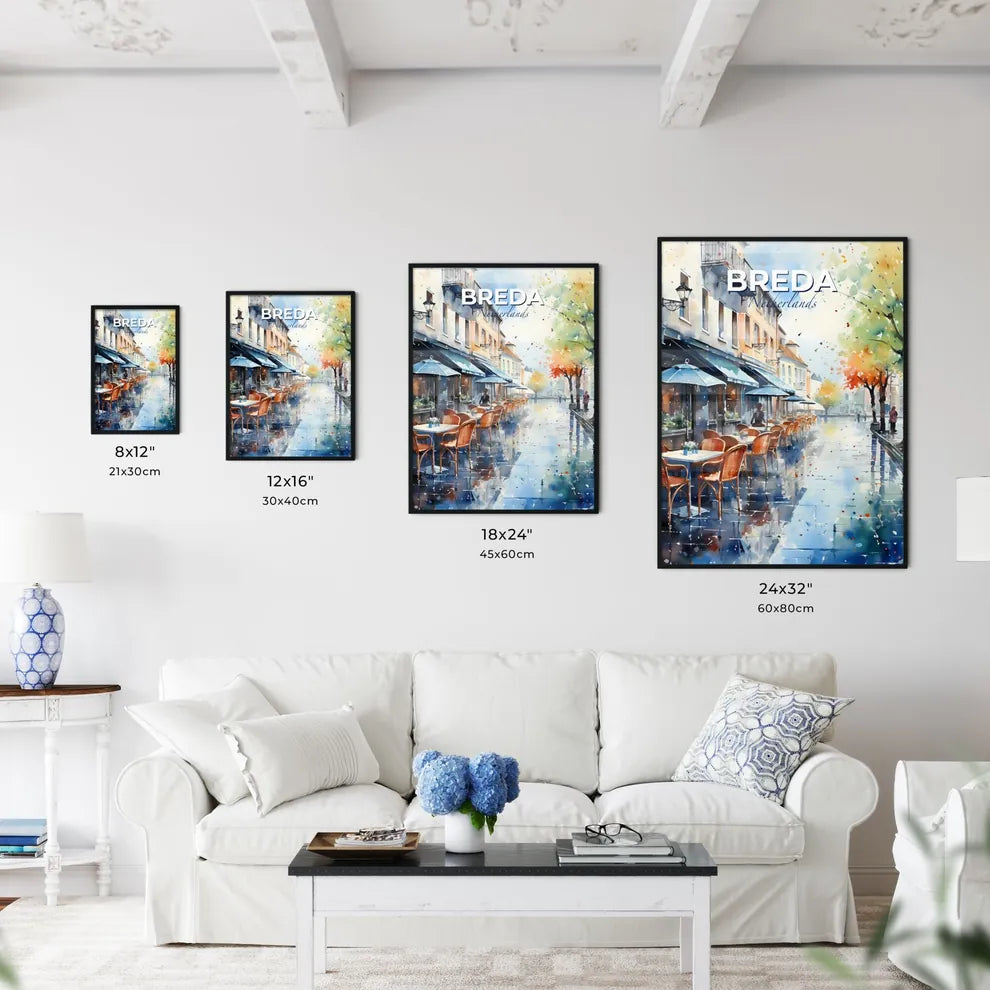 Breda, Netherlands, A Poster of a watercolor of a street with tables and umbrellas Default Title