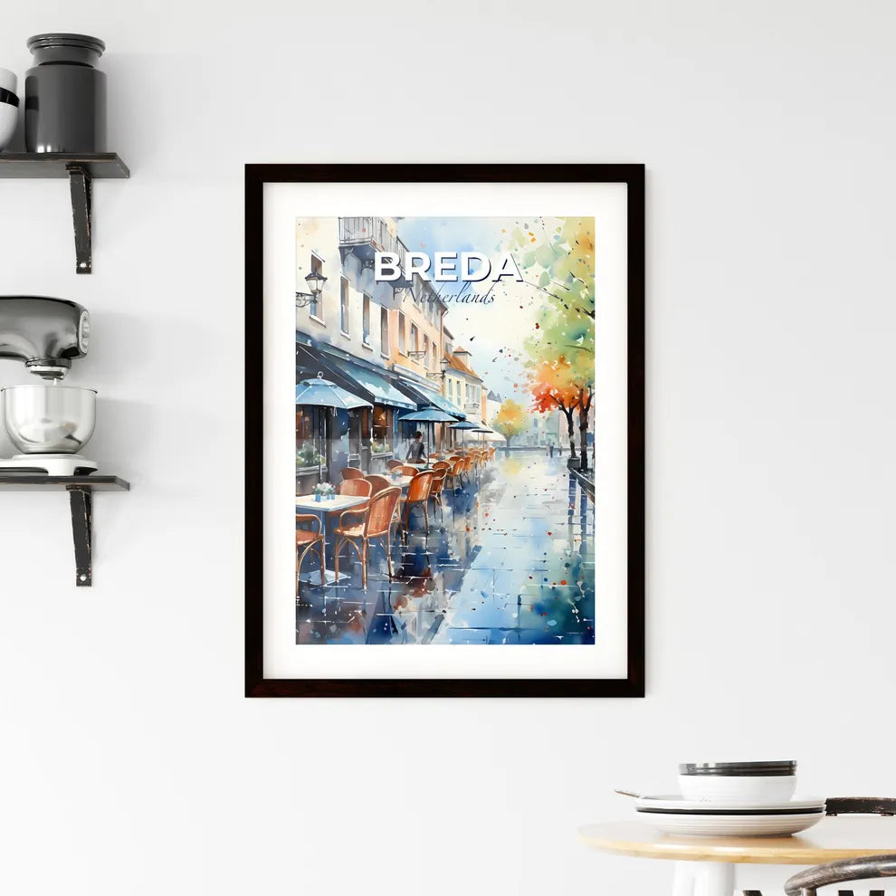 Breda, Netherlands, A Poster of a watercolor of a street with tables and umbrellas Default Title