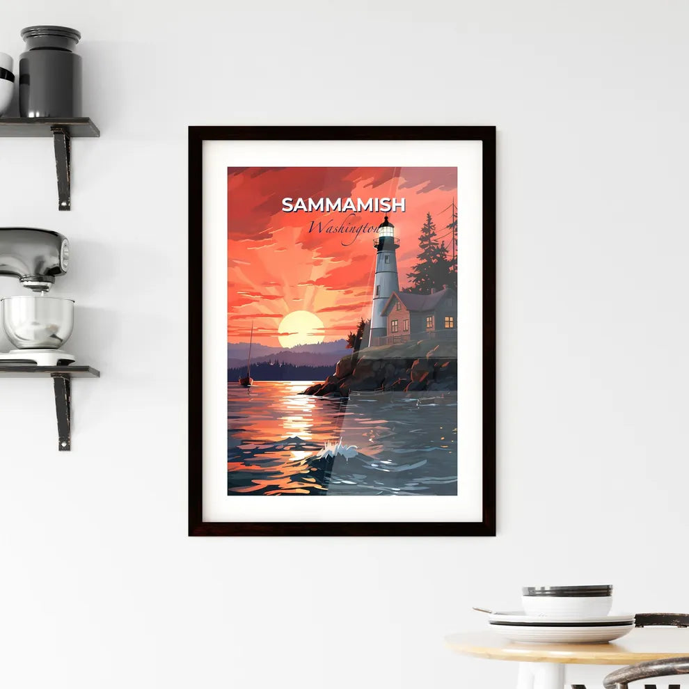 Sammamish, Washington, A Poster of a lighthouse on a rocky shore with a house and a boat in the distance Default Title