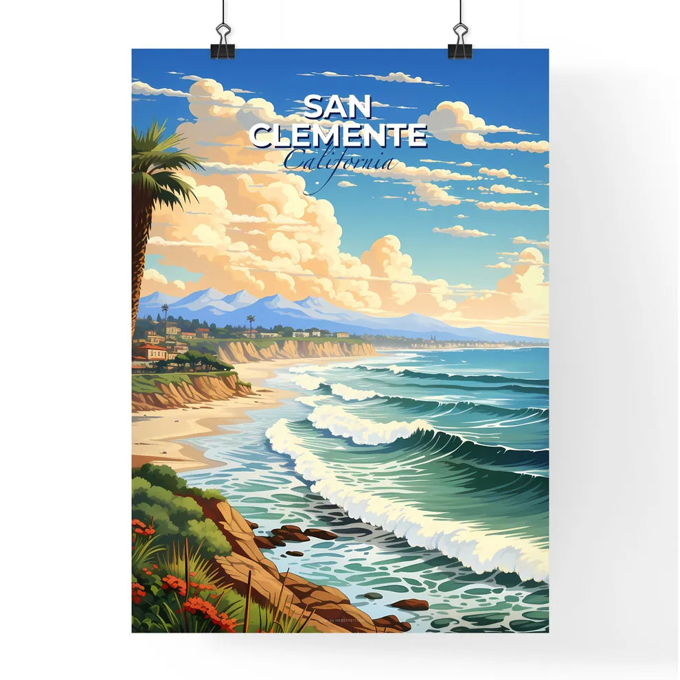 San Clemente, California, A Poster of a beach with waves and palm trees Default Title