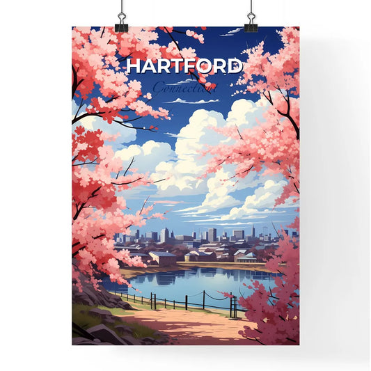 Hartford, Connecticut, A Poster of a pink trees with pink flowers and a body of water with a city in the background Default Title