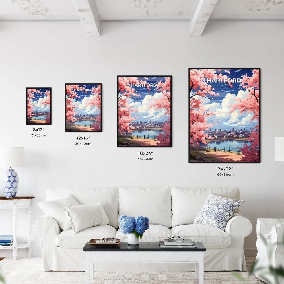 Hartford, Connecticut, A Poster of a pink trees with pink flowers and a body of water with a city in the background Default Title