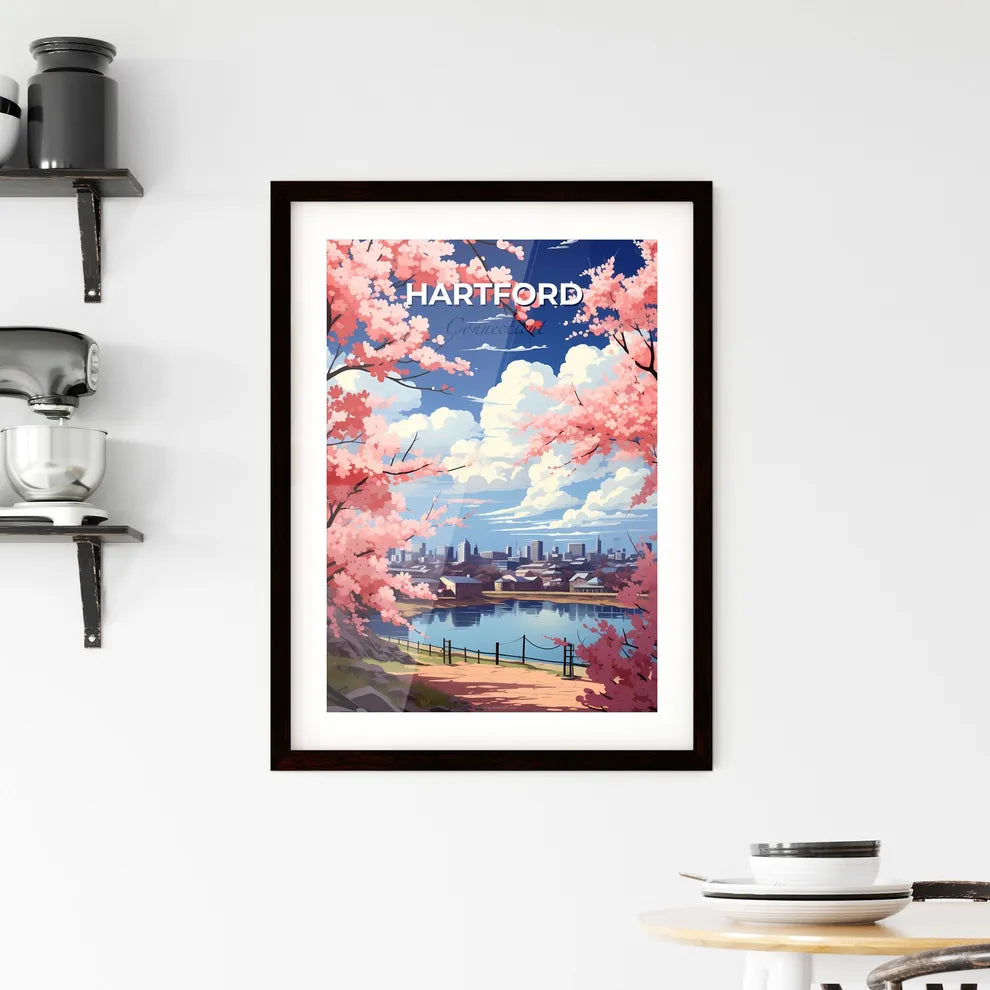 Hartford, Connecticut, A Poster of a pink trees with pink flowers and a body of water with a city in the background Default Title