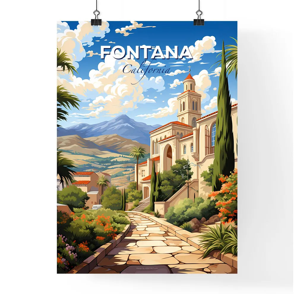 Fontana, California, A Poster of a stone path leading to a building with trees and mountains in the background Default Title