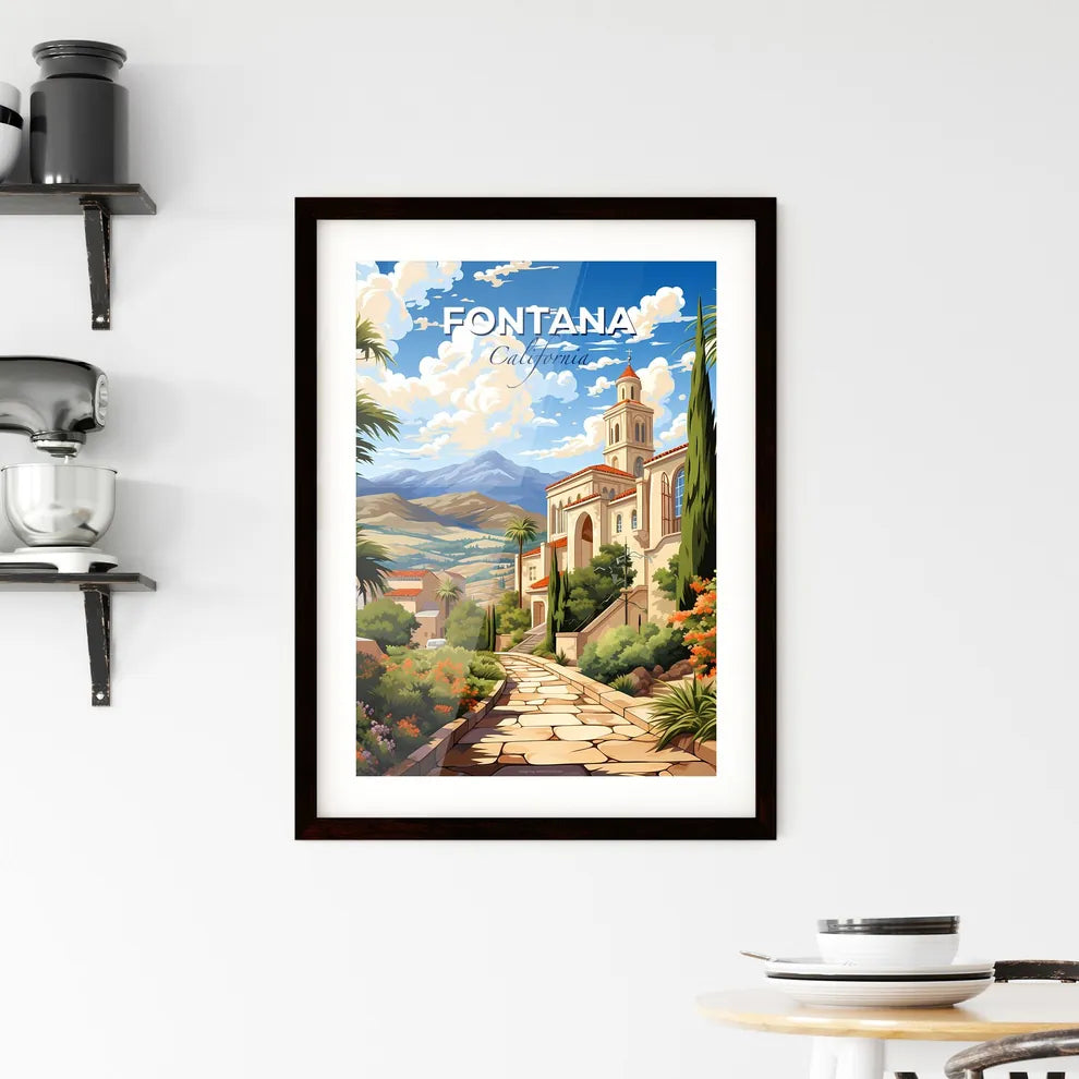 Fontana, California, A Poster of a stone path leading to a building with trees and mountains in the background Default Title