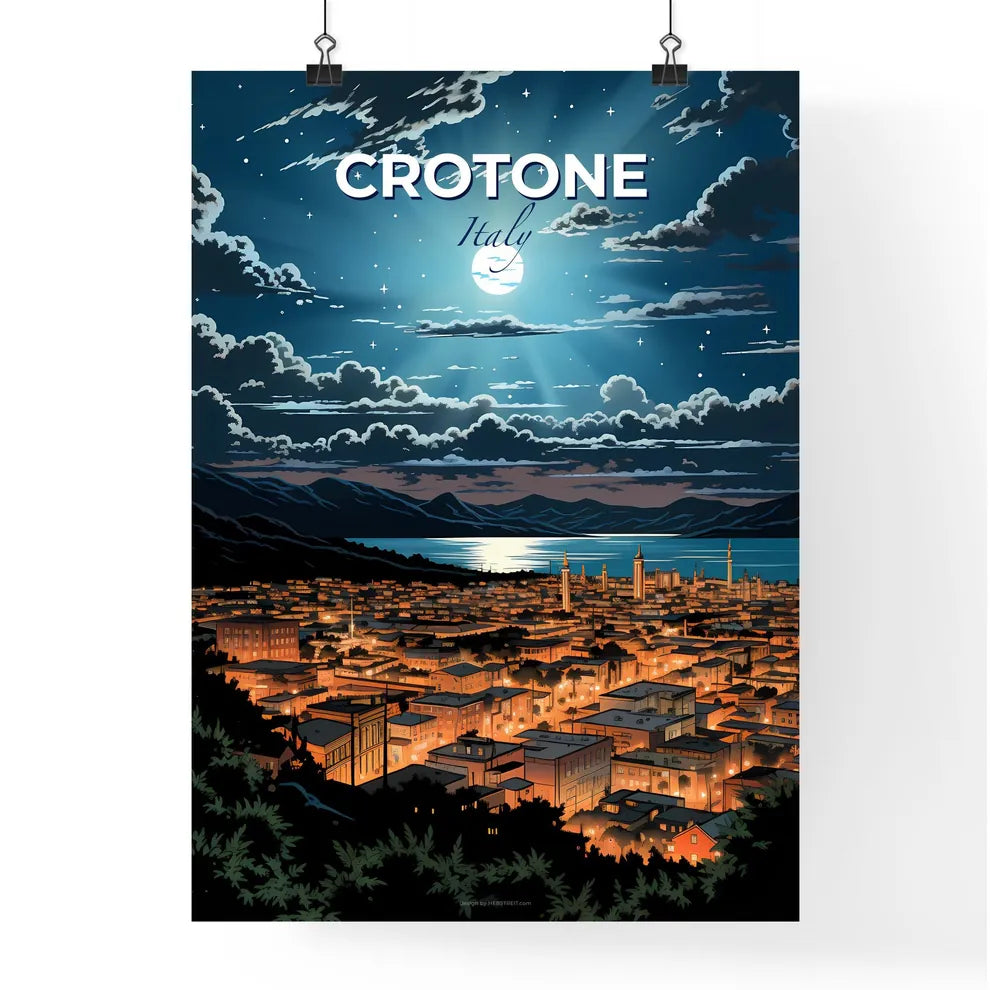 Crotone, Italy, A Poster of a city at night with a moon in the sky Default Title