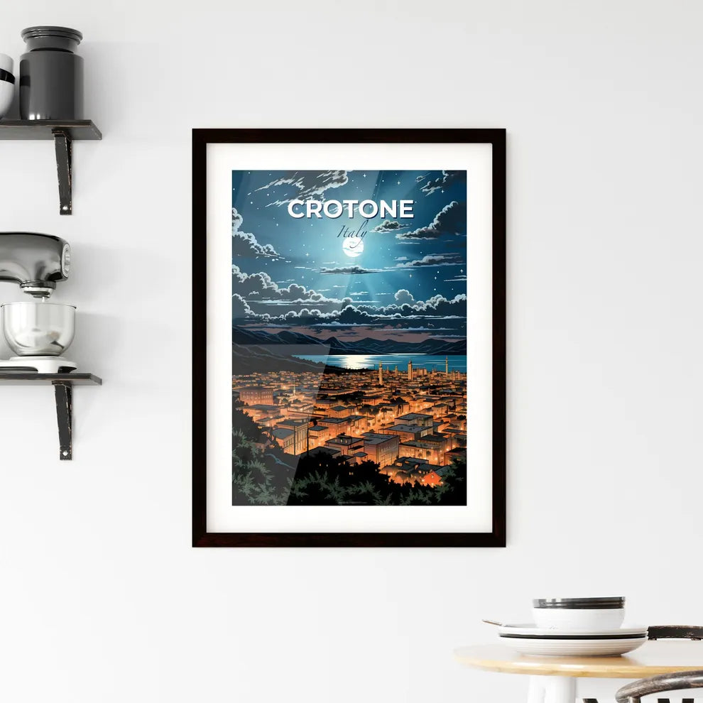 Crotone, Italy, A Poster of a city at night with a moon in the sky Default Title