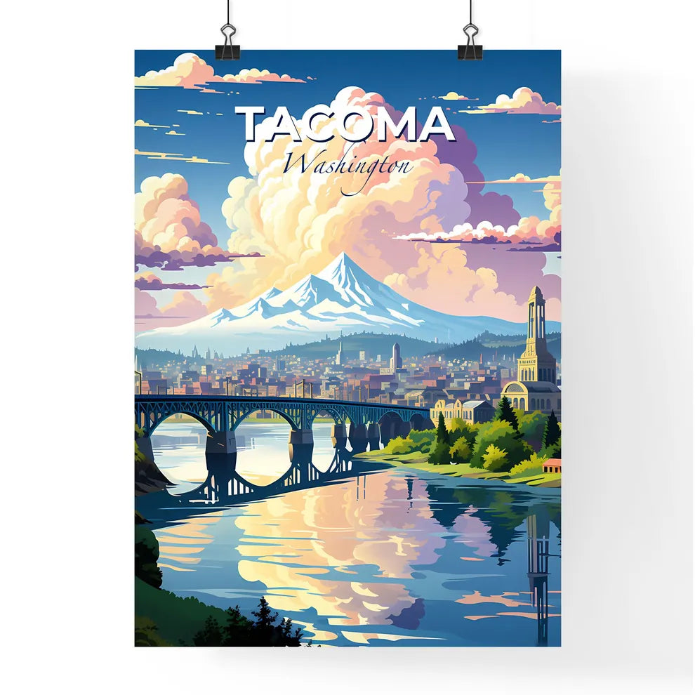 Tacoma, Washington, A Poster of a bridge over a river with a mountain in the background Default Title