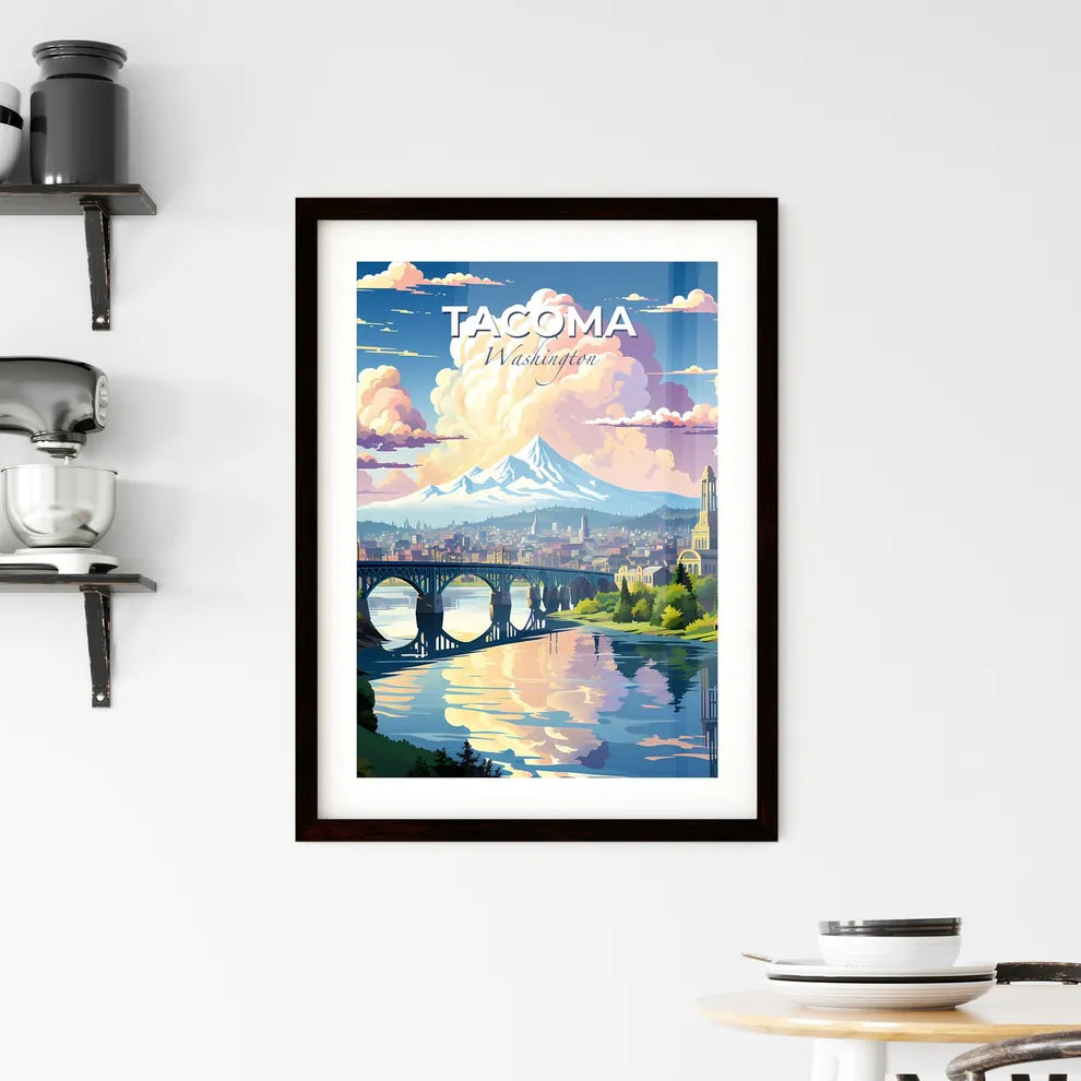 Tacoma, Washington, A Poster of a bridge over a river with a mountain in the background Default Title