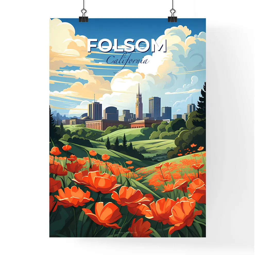 Folsom, California, A Poster of a field of orange flowers with a city in the background Default Title