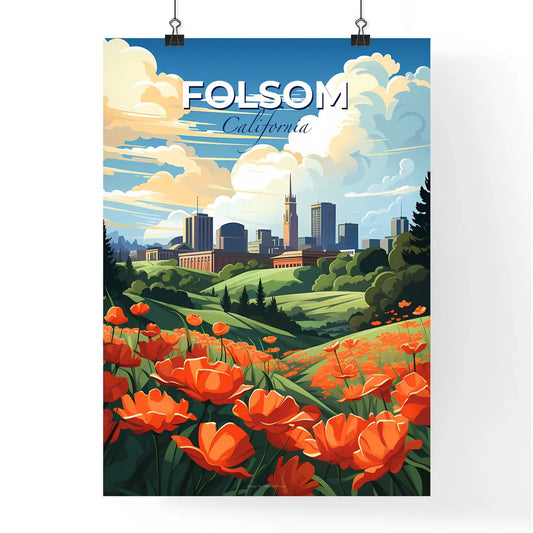 Folsom, California, A Poster of a field of orange flowers with a city in the background Default Title