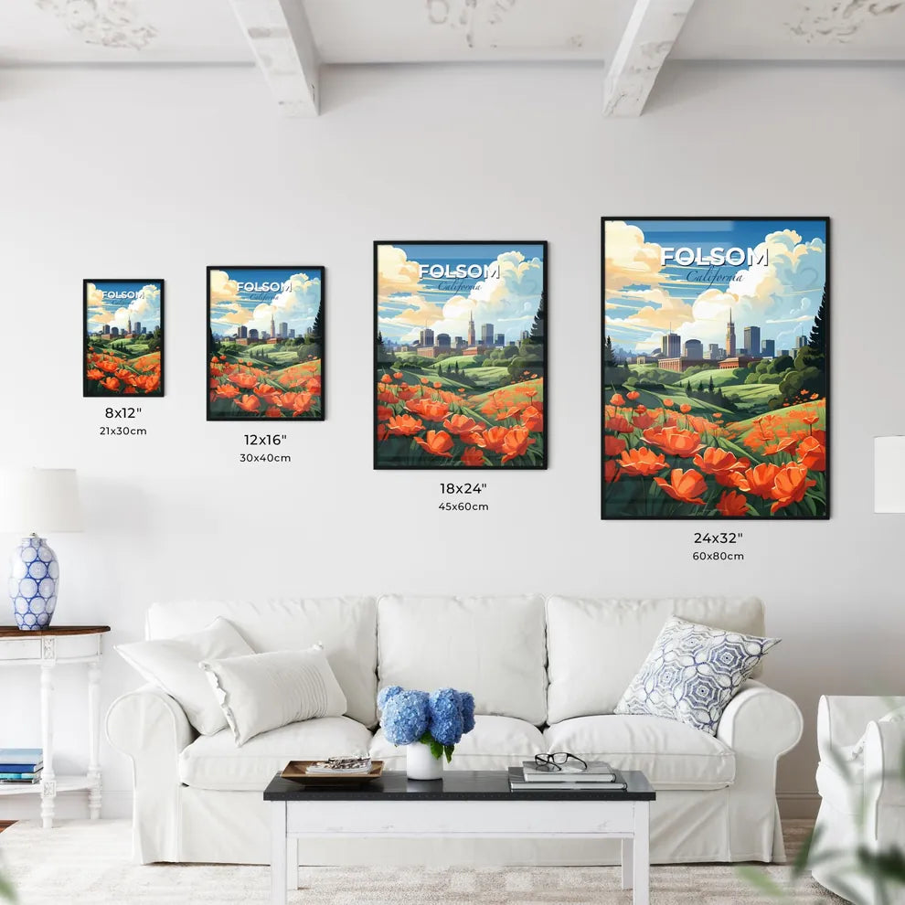 Folsom, California, A Poster of a field of orange flowers with a city in the background Default Title