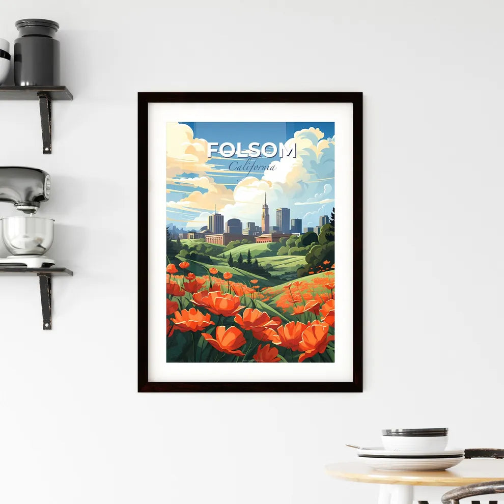Folsom, California, A Poster of a field of orange flowers with a city in the background Default Title