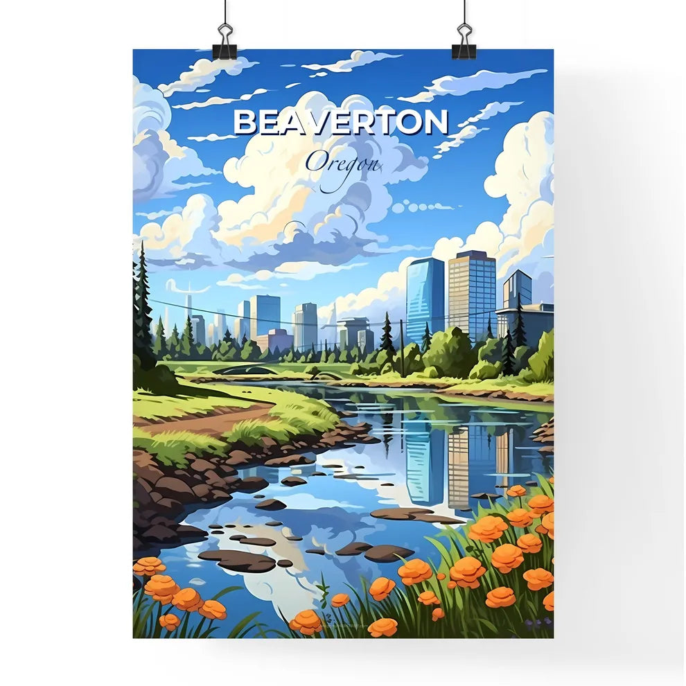 Beaverton, Oregon, A Poster of a river with orange flowers and trees Default Title