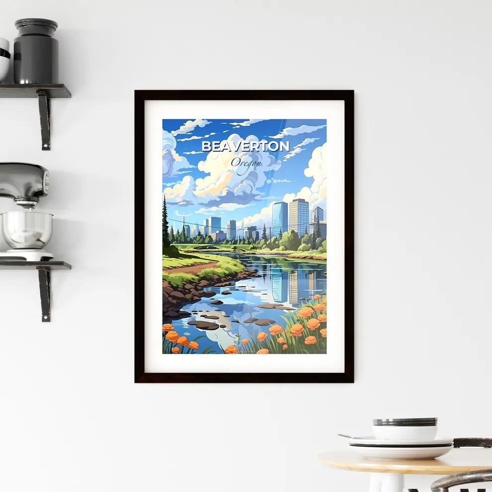 Beaverton, Oregon, A Poster of a river with orange flowers and trees Default Title