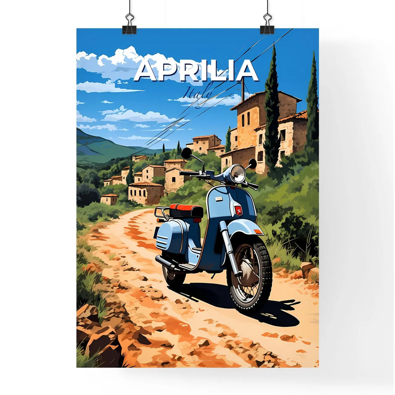 Aprilia, Italy, A Poster of a blue scooter on a dirt road with buildings in the background Default Title