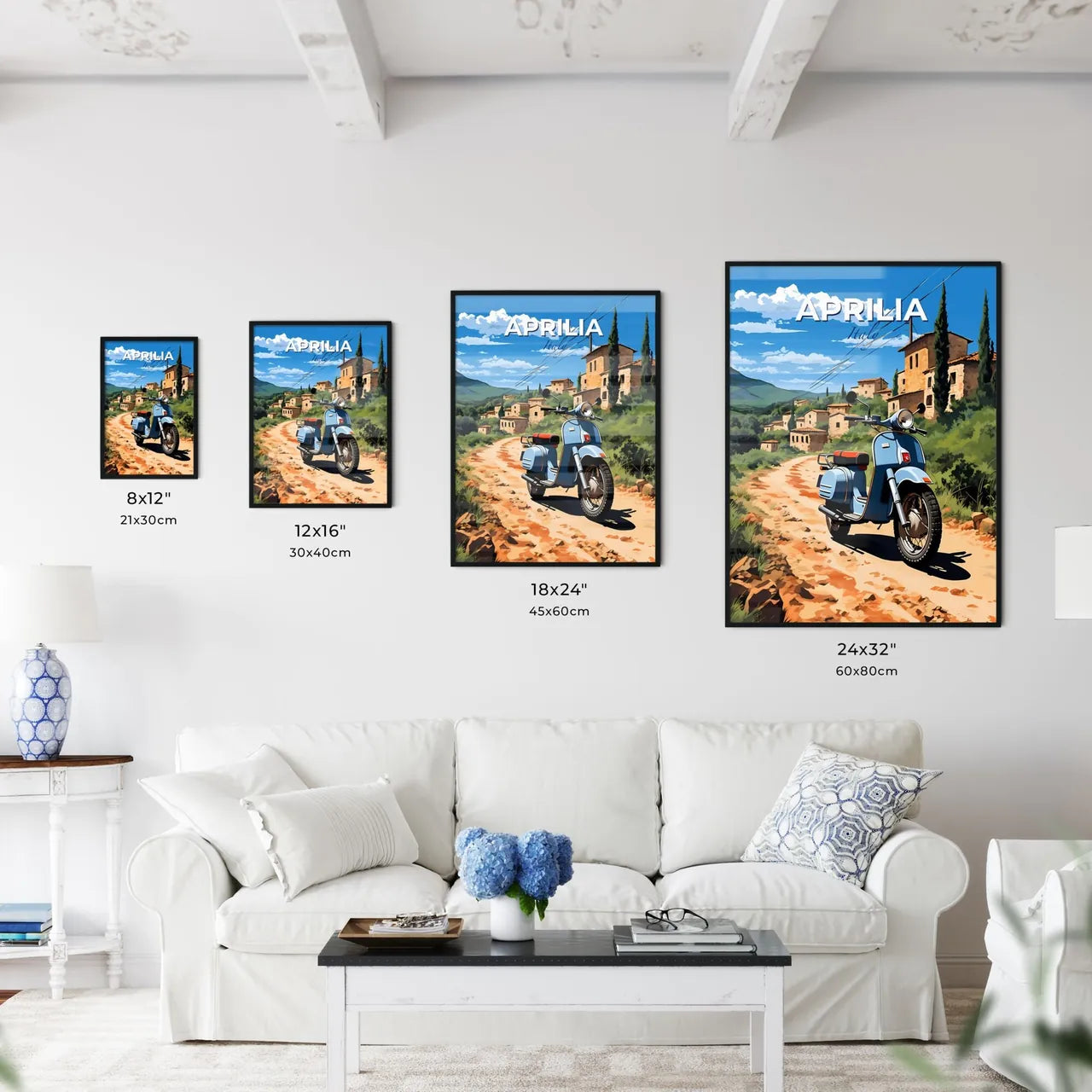 Aprilia, Italy, A Poster of a blue scooter on a dirt road with buildings in the background Default Title