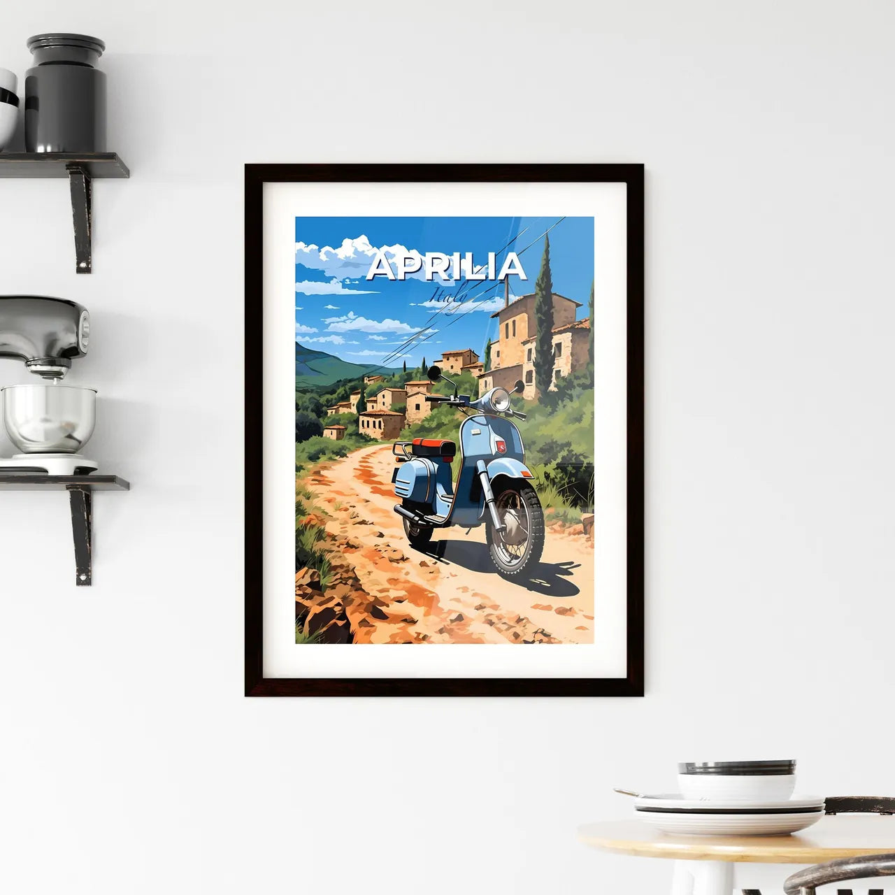 Aprilia, Italy, A Poster of a blue scooter on a dirt road with buildings in the background Default Title