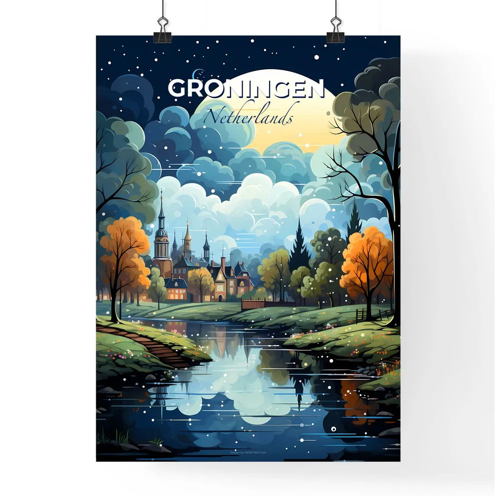 Groningen, Netherlands, A Poster of a painting of a river with trees and a castle in the background Default Title