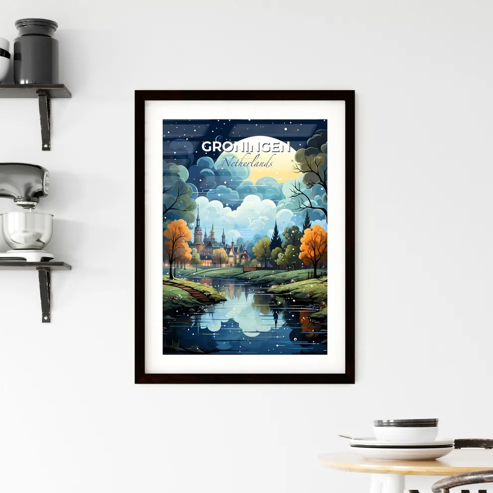 Groningen, Netherlands, A Poster of a painting of a river with trees and a castle in the background Default Title