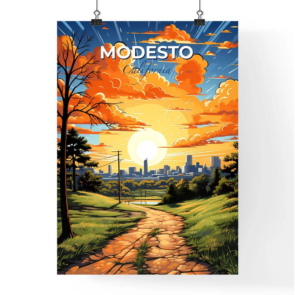 Modesto, California, A Poster of a path in a grassy field with trees and a city in the background Default Title