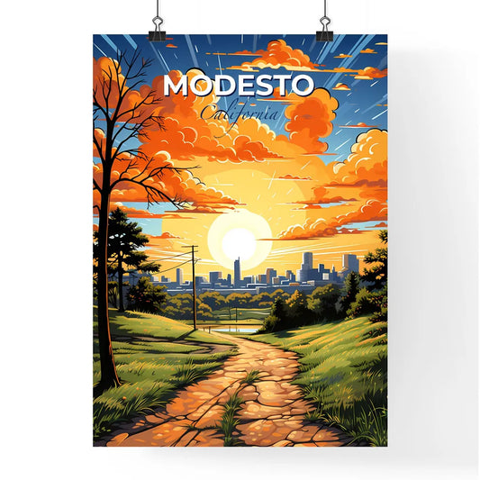 Modesto, California, A Poster of a path in a grassy field with trees and a city in the background Default Title