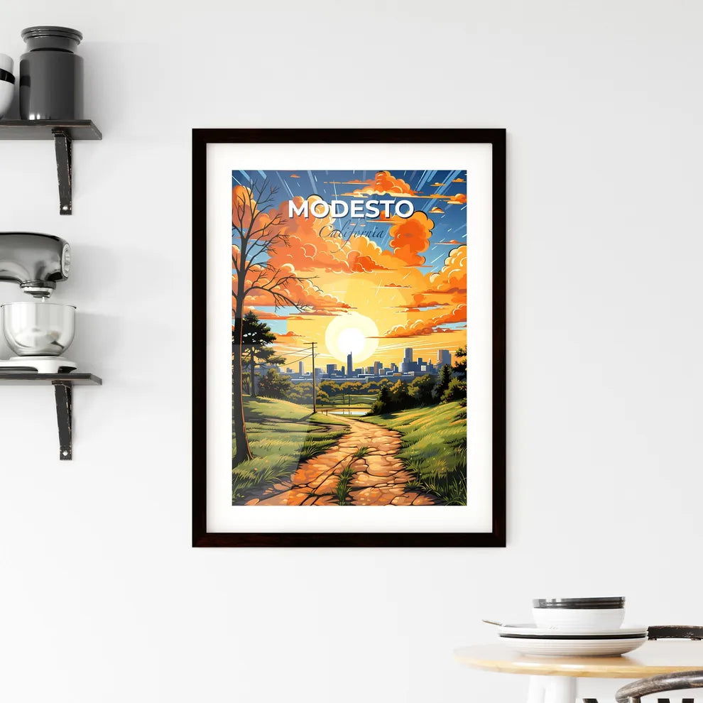 Modesto, California, A Poster of a path in a grassy field with trees and a city in the background Default Title