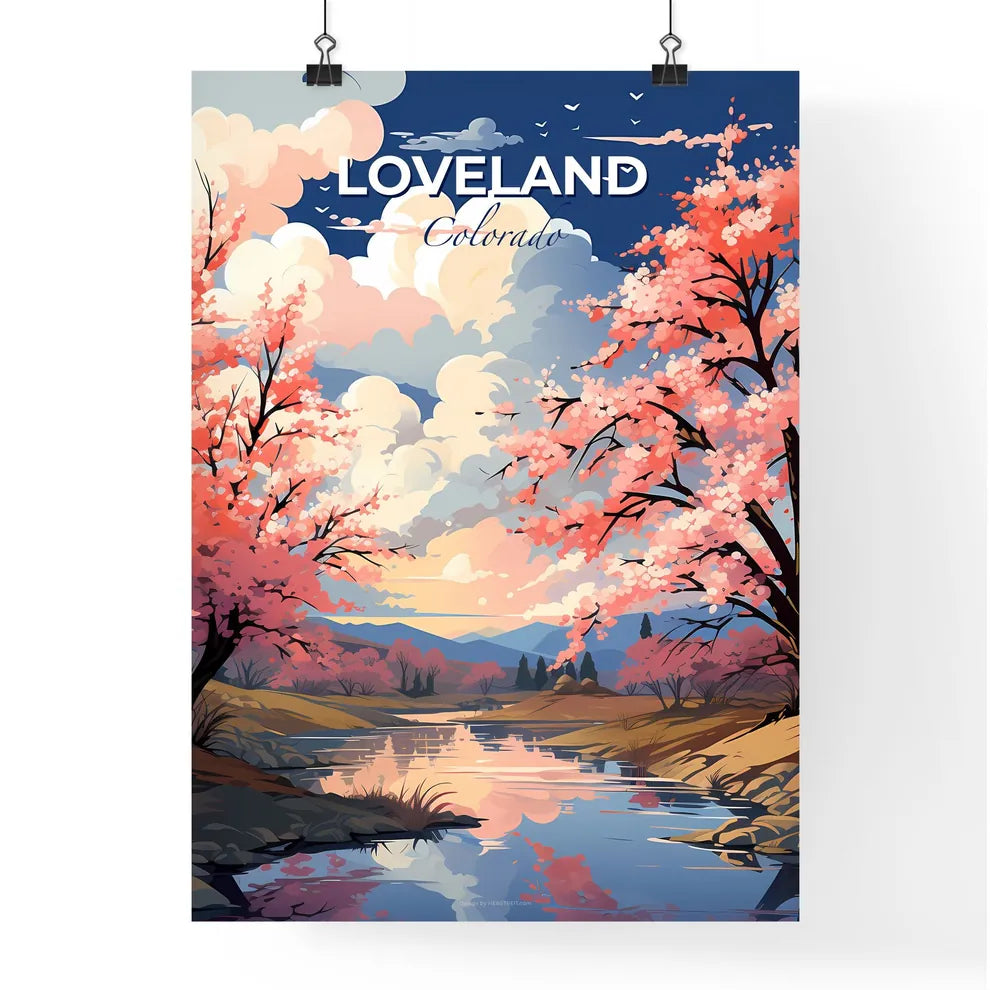 Loveland, Colorado, A Poster of a river with pink trees and a cloudy sky Default Title