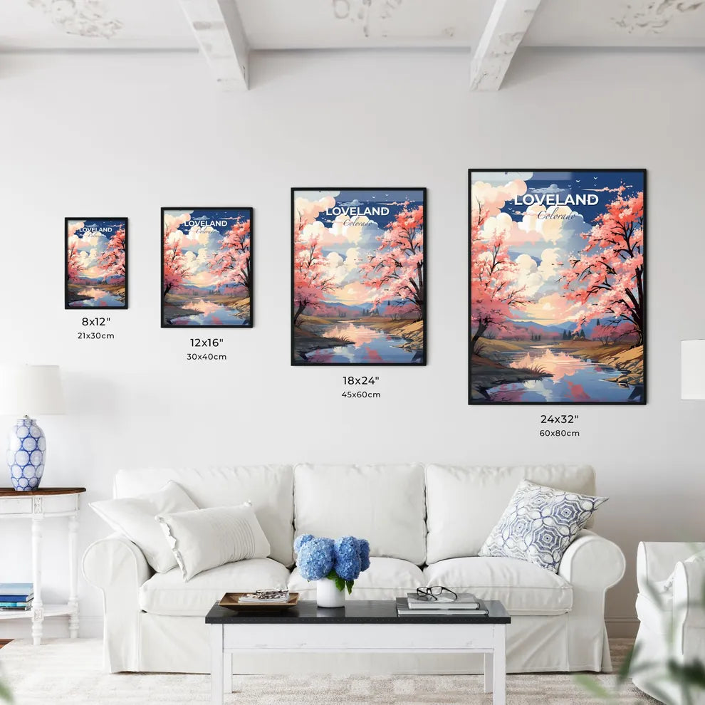 Loveland, Colorado, A Poster of a river with pink trees and a cloudy sky Default Title