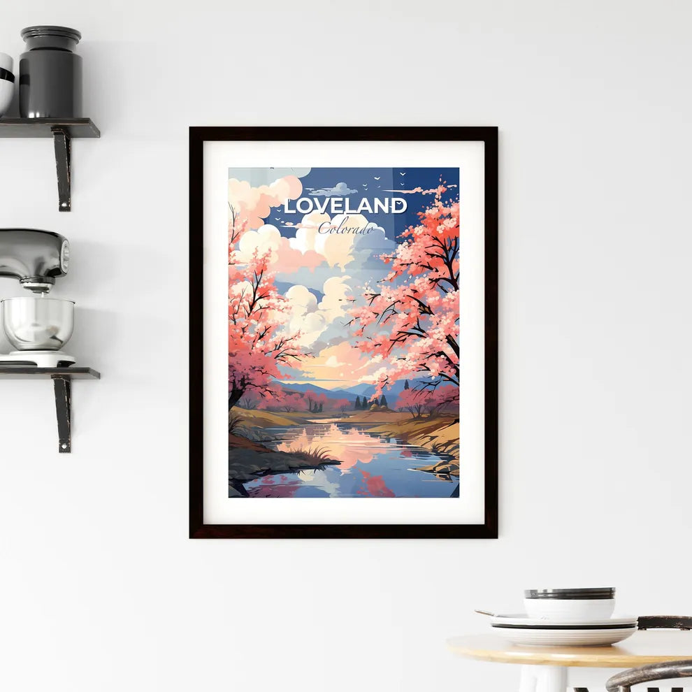 Loveland, Colorado, A Poster of a river with pink trees and a cloudy sky Default Title