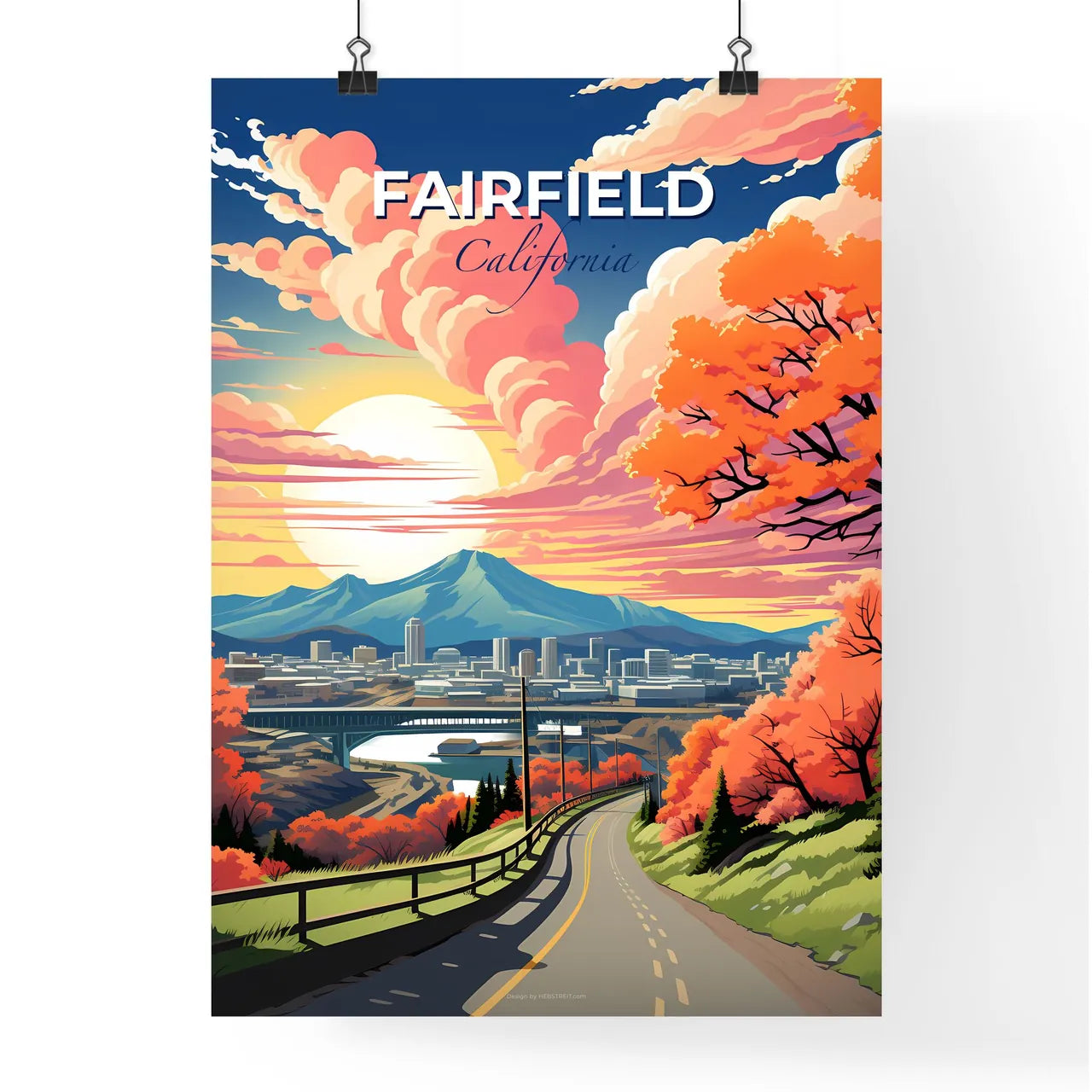 Fairfield, California, A Poster of a road with trees and a bridge in the background Default Title