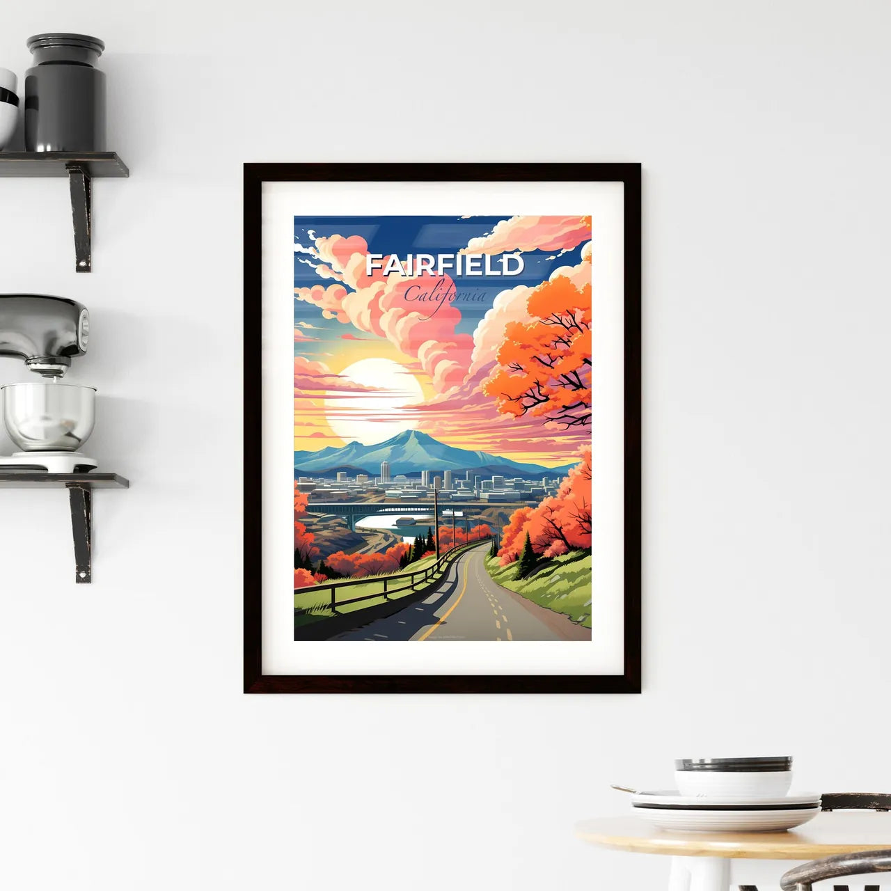 Fairfield, California, A Poster of a road with trees and a bridge in the background Default Title