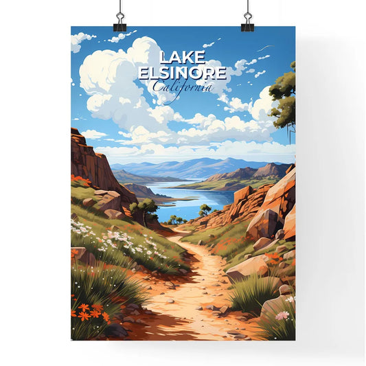 Lake Elsinore, California, A Poster of a dirt path through a rocky landscape with a lake and mountains Default Title