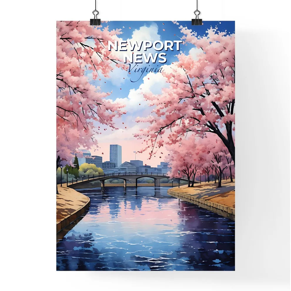 Newport News, Virginia, A Poster of a river with a bridge and trees with pink flowers Default Title