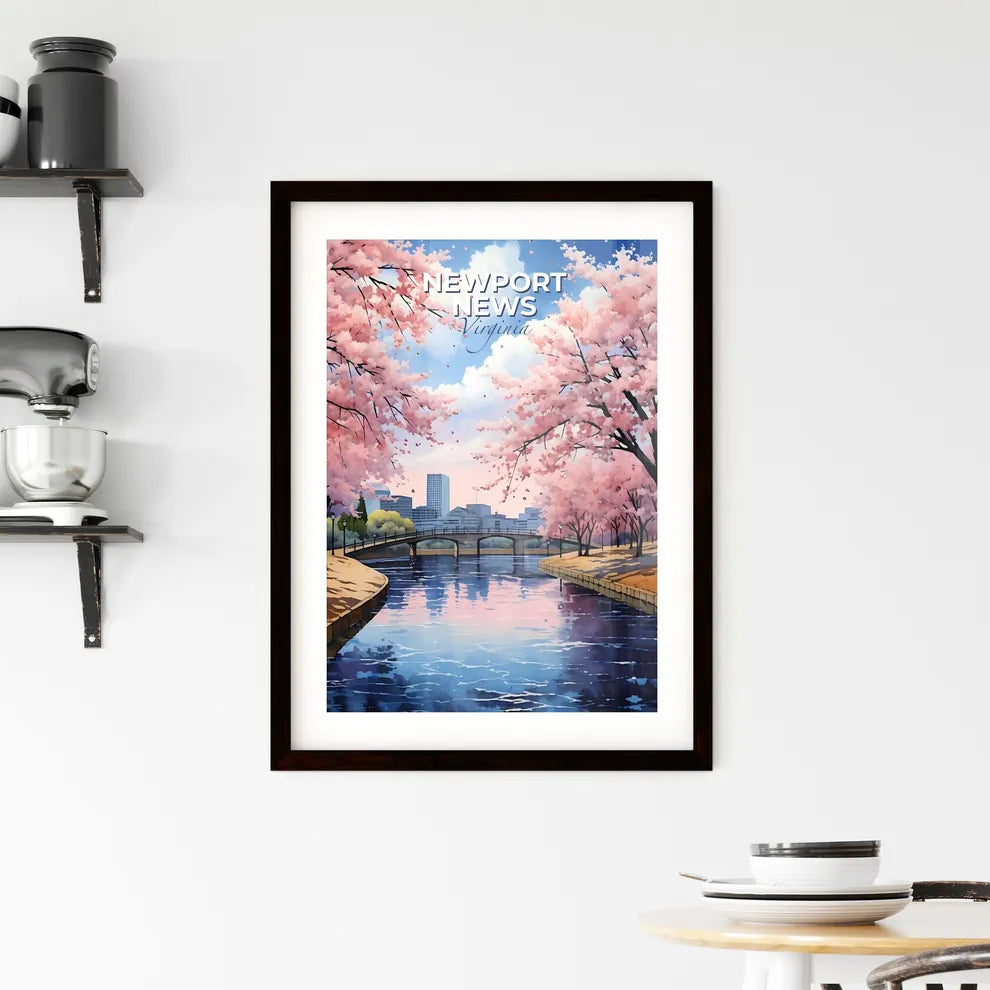 Newport News, Virginia, A Poster of a river with a bridge and trees with pink flowers Default Title