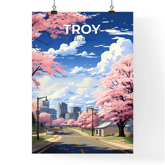 Troy, Michigan, A Poster of a road with pink trees and buildings in the background Default Title