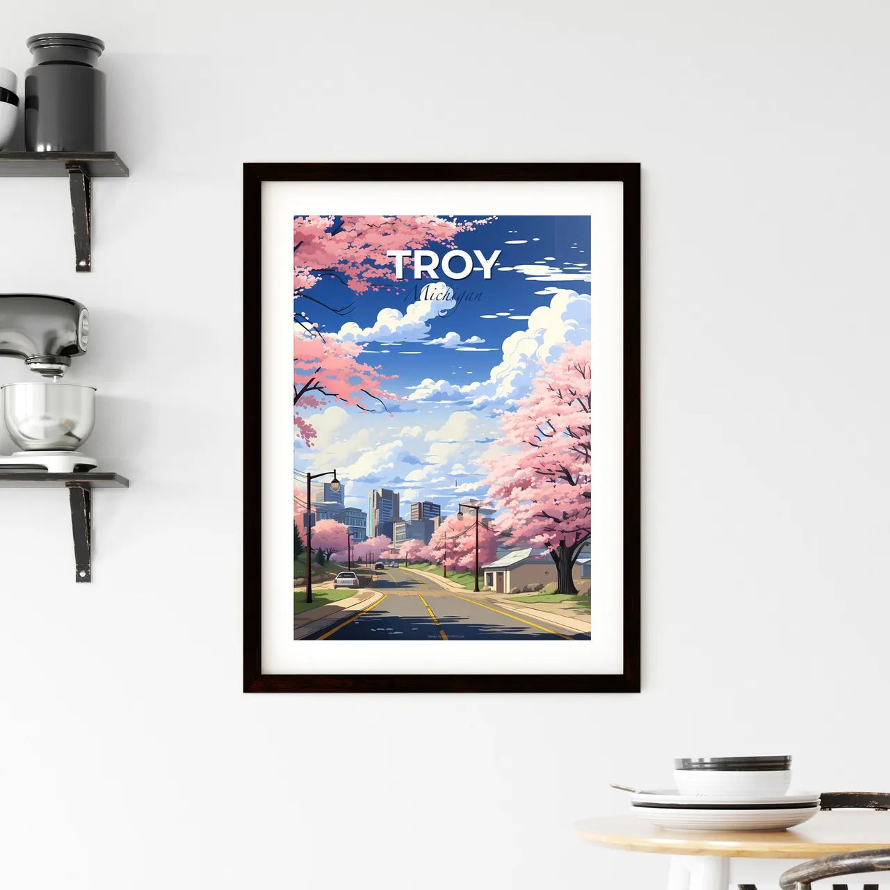 Troy, Michigan, A Poster of a road with pink trees and buildings in the background Default Title