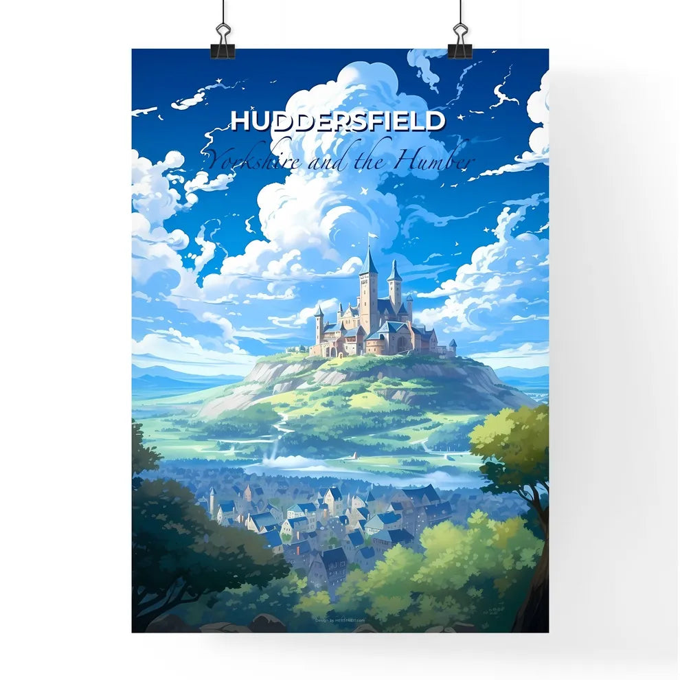 Huddersfield, Yorkshire and the Humber, A Poster of a castle on a hill with trees and a blue sky Default Title