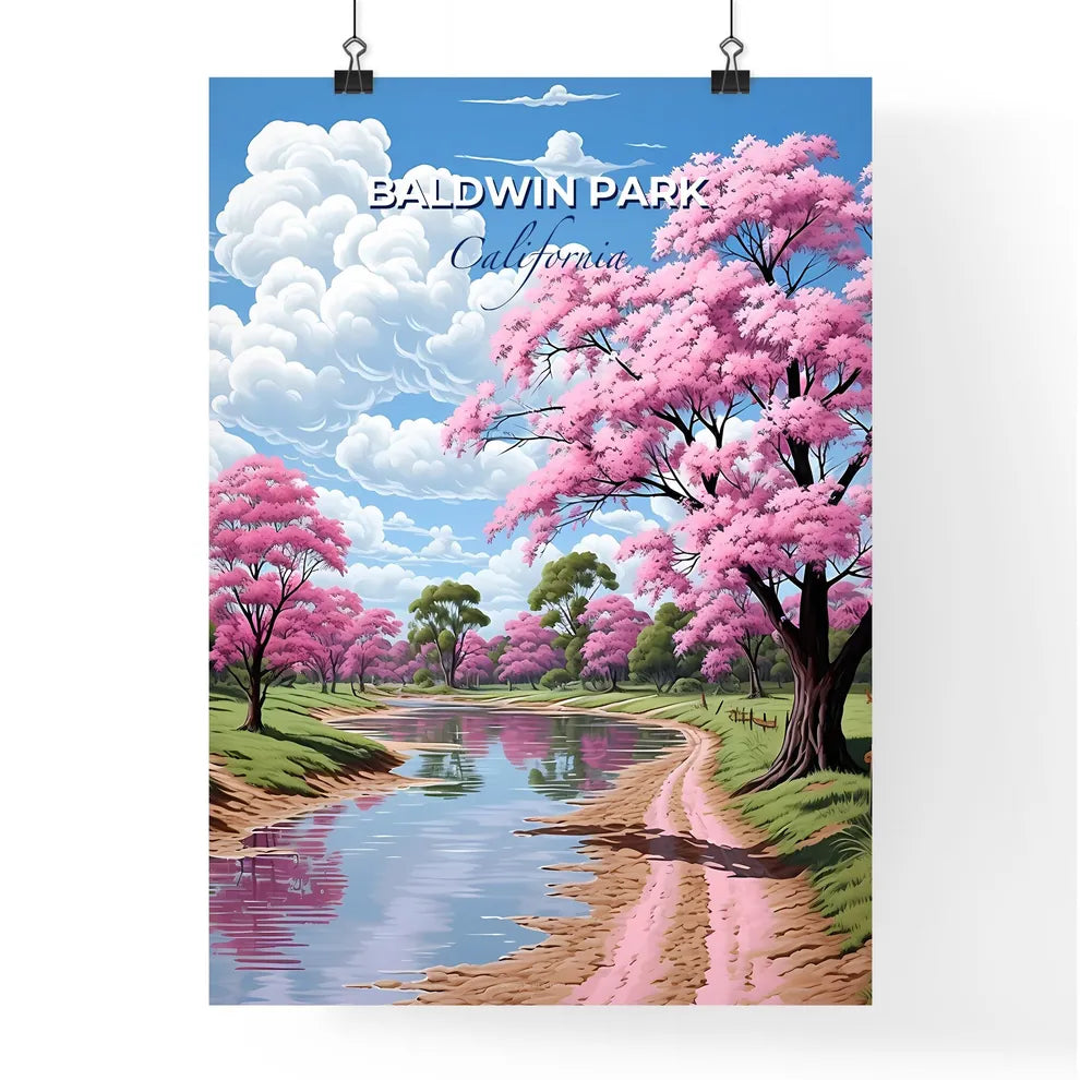 Baldwin Park, California, A Poster of a river running through a field with pink trees Default Title