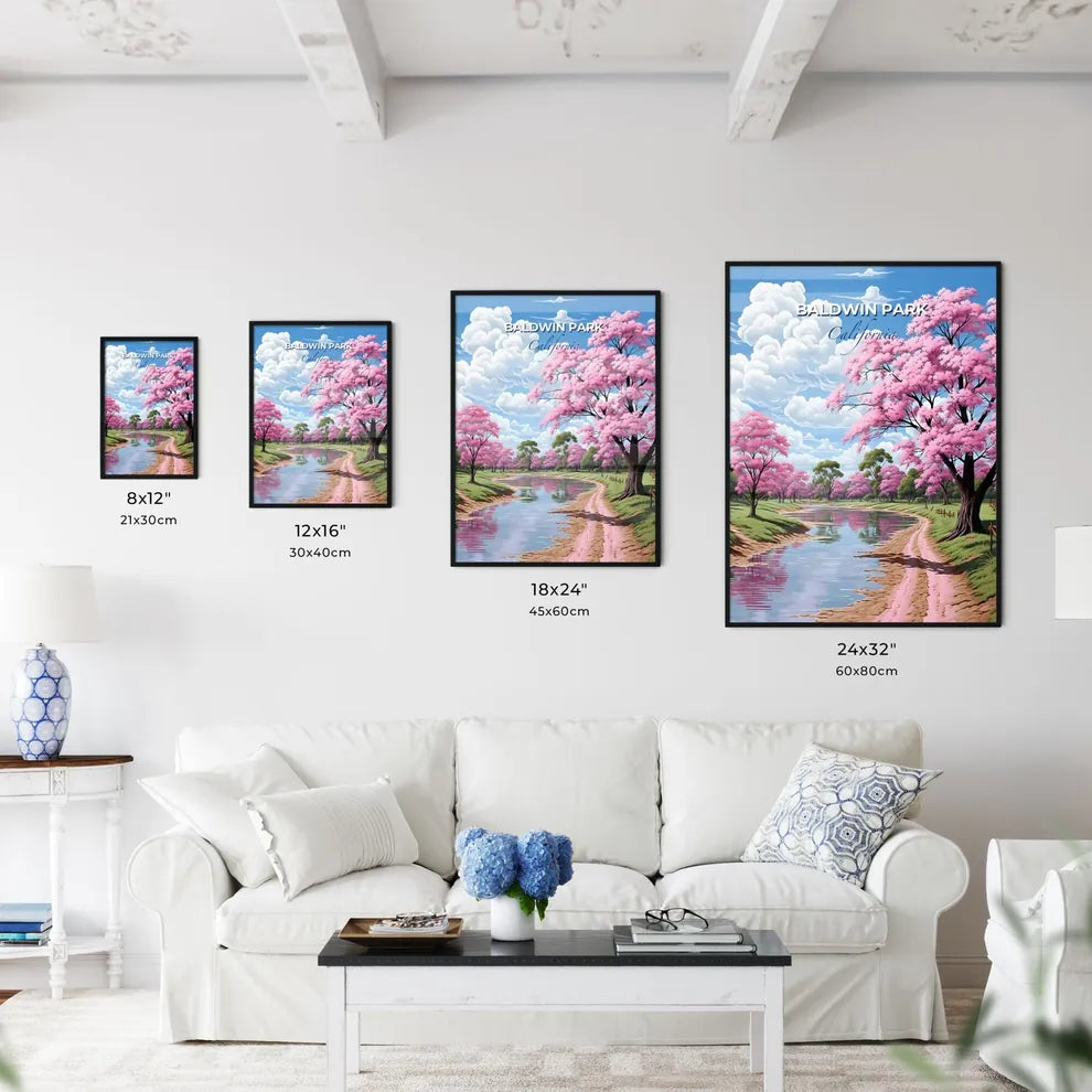 Baldwin Park, California, A Poster of a river running through a field with pink trees Default Title