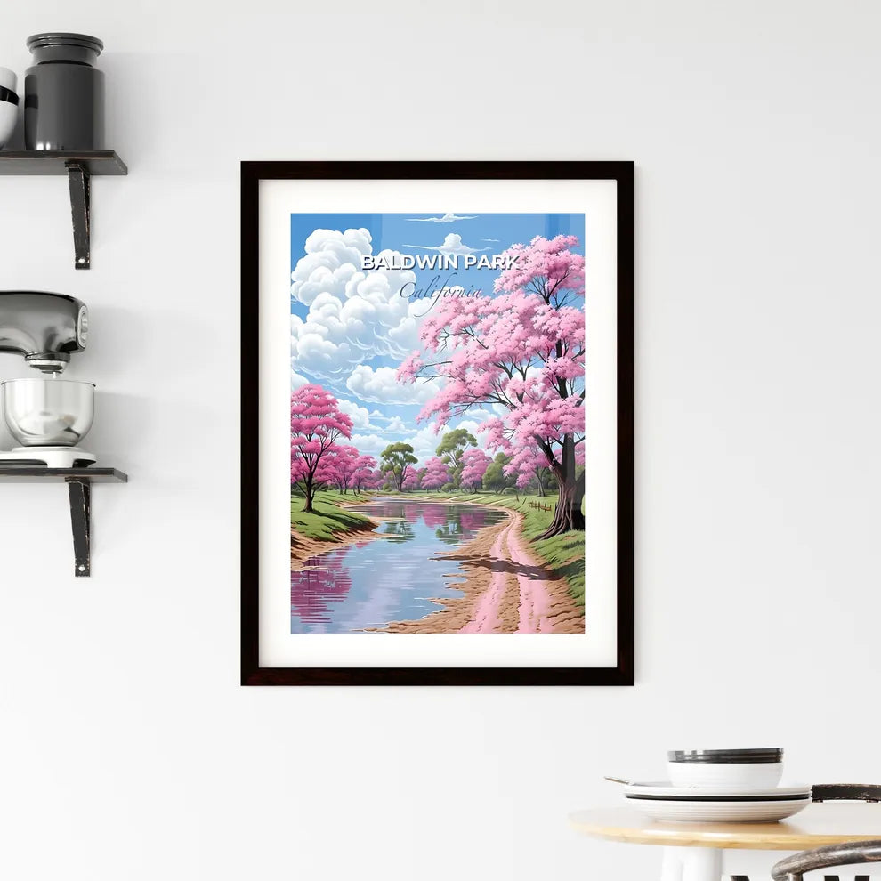 Baldwin Park, California, A Poster of a river running through a field with pink trees Default Title