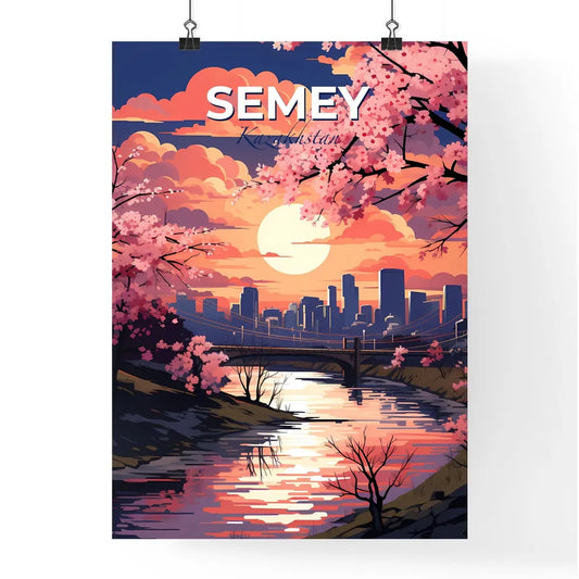 Semey, Kazakhstan, A Poster of a river with pink flowers and a city in the background Default Title