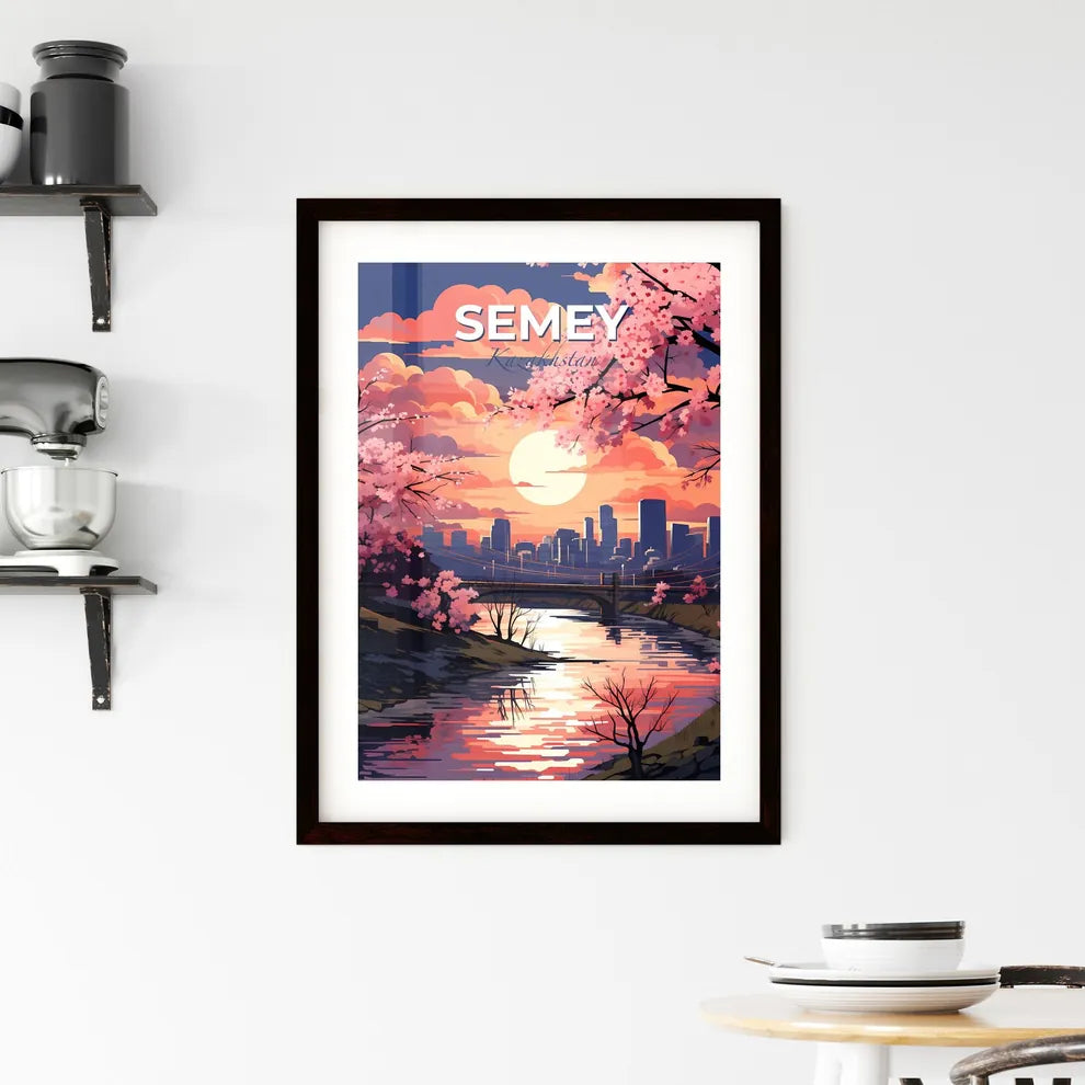 Semey, Kazakhstan, A Poster of a river with pink flowers and a city in the background Default Title